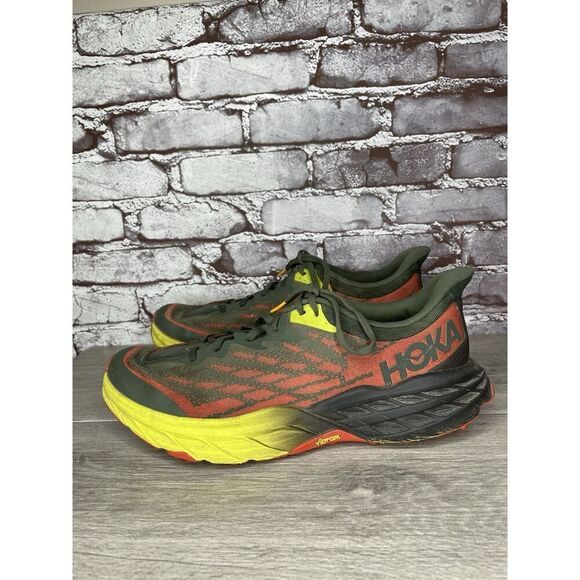 Hoka One Speedgoat 5 Thyme Fiesta Gray Fabric Red Yellow Gym Shoes Men 12 2E US main image 6